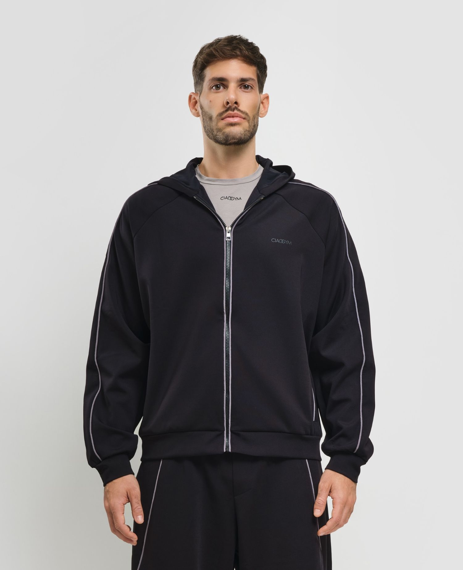 Piping Zip Hoodie Black