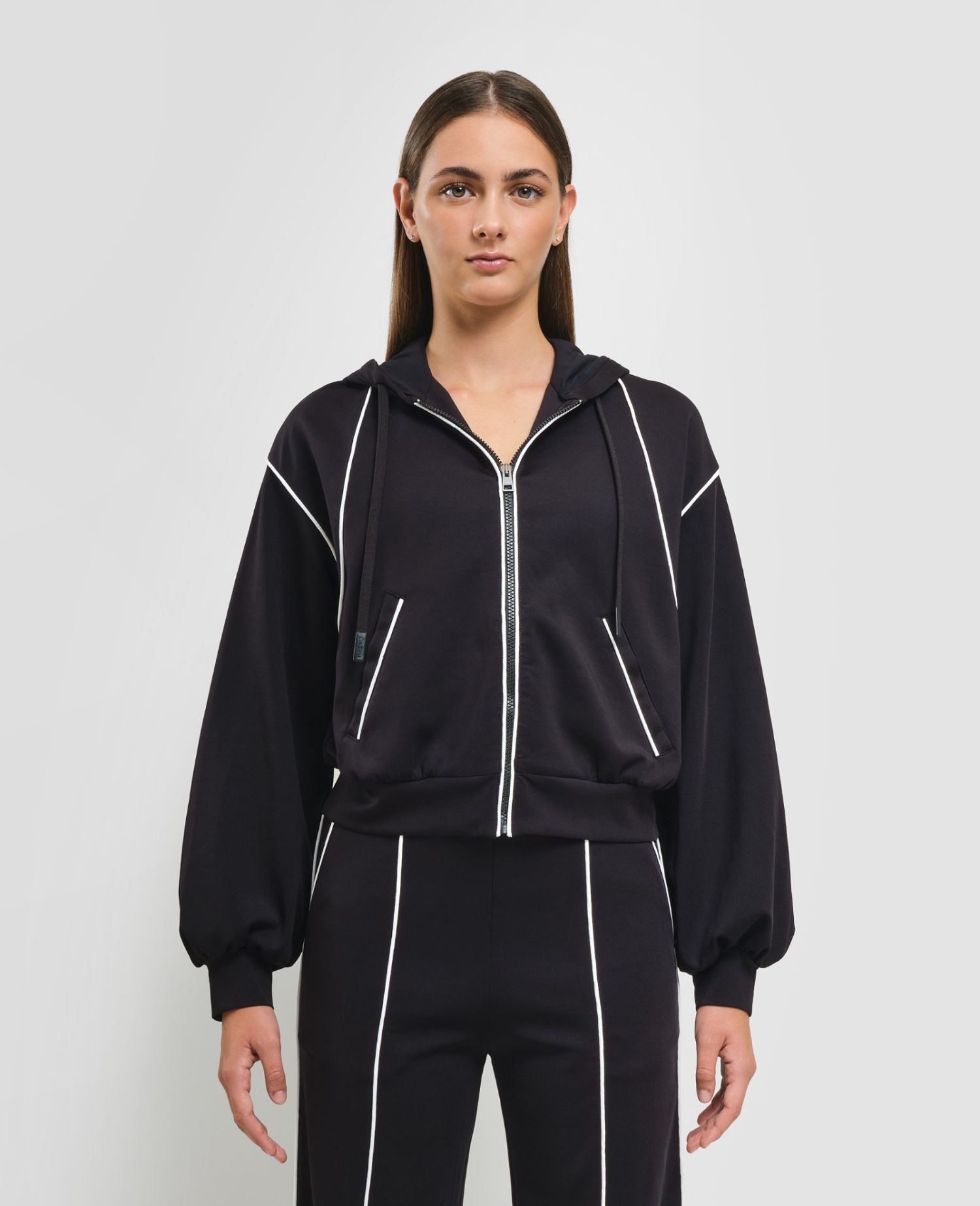 Piping Zip Hoodie Nero