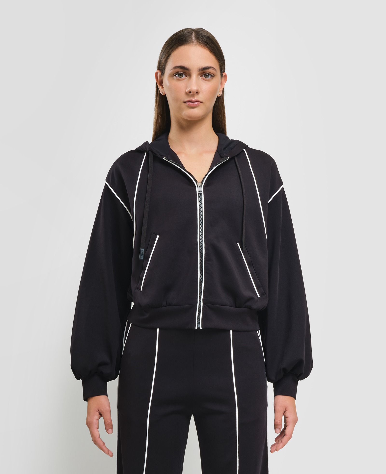 Piping Zip Hoodie Black